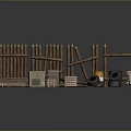 Scenic Rustic Rural Landscape With Wooden Fences Firewood Logs Barrels Crates And Tires