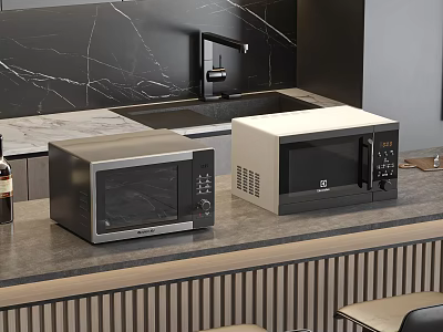 Two Microwaves On Modern Kitchen Countertop With Marble Backsplash And Sink 3d model