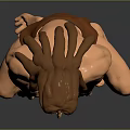 Shirtless Muscular Male Character with Long Hair in Brown Shorts Crouching Pose