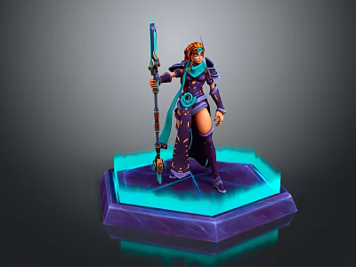 Fantasy Armored Character With Orange Hair Wielding Staff On Glowing Hexagonal Platform 3d model