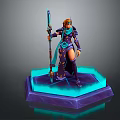 Fantasy Armored Character With Orange Hair Wielding Staff On Glowing Hexagonal Platform