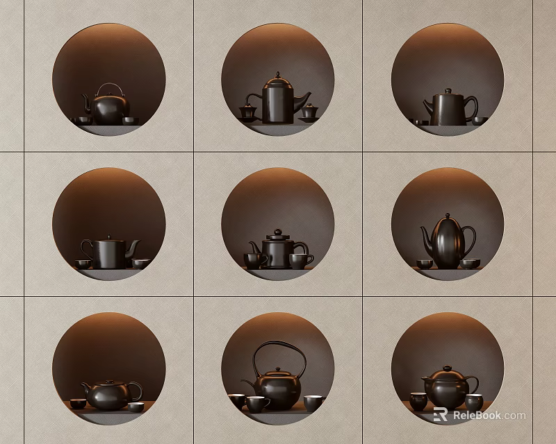Nine Circular Display Cases Showing Diverse Black Tea Sets With Warm Lighting 3d model 