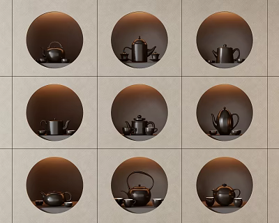Nine Circular Display Cases Showing Diverse Black Tea Sets With Warm Lighting 3d model