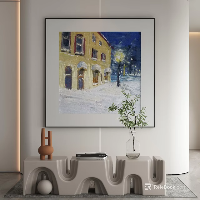 Abstract Painting Featuring Yellow Buildings Street Lamp And Snowy Night Scene 3d model 