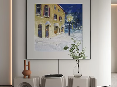 Abstract Painting Featuring Yellow Buildings Street Lamp And Snowy Night Scene 3d model