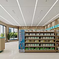 Brightly Lit Pharmacy Interior With Well Organized Medicine Shelves Counter And Windows