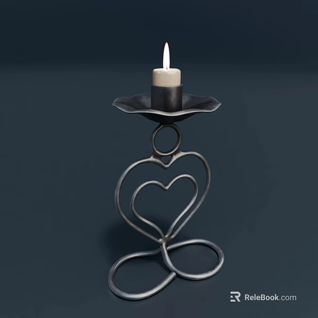 Metal Heart Shaped Candle Holder With Lit White Candle On Black Base 3d model 