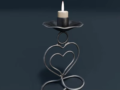 Metal Heart Shaped Candle Holder With Lit White Candle On Black Base 3d model