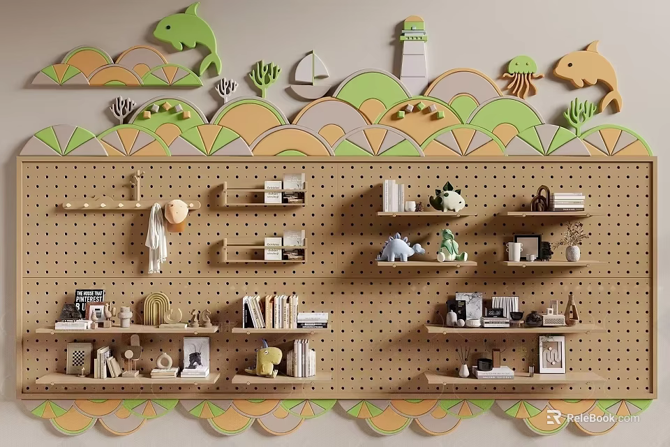 Colorful Children's Room Wall Panels With Cartoon Animal Patterns And Storage Shelves 3d model 