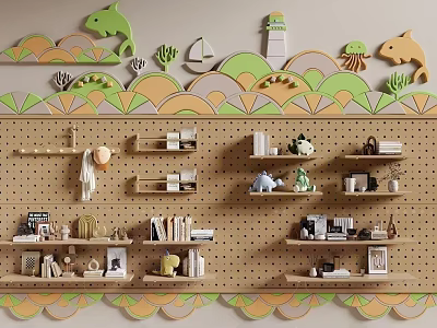 Colorful Children's Room Wall Panels With Cartoon Animal Patterns And Storage Shelves 3d model