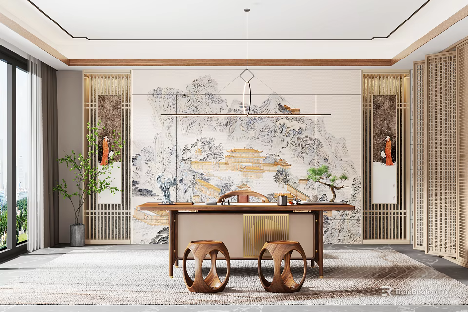 Modern Chinese Study Room Interior Design With Landscape Painting Wall Wooden Desk And Green Plants 3d model 