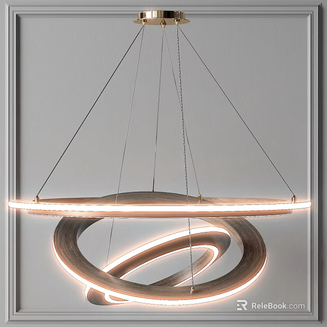 Modern Circular Wooden Chandelier with Illuminated Rings for Interior Design 3d model 