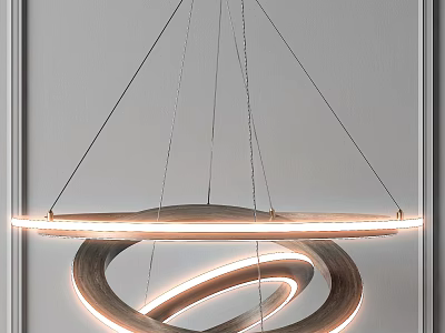 Modern Circular Wooden Chandelier with Illuminated Rings for Interior Design 3d model