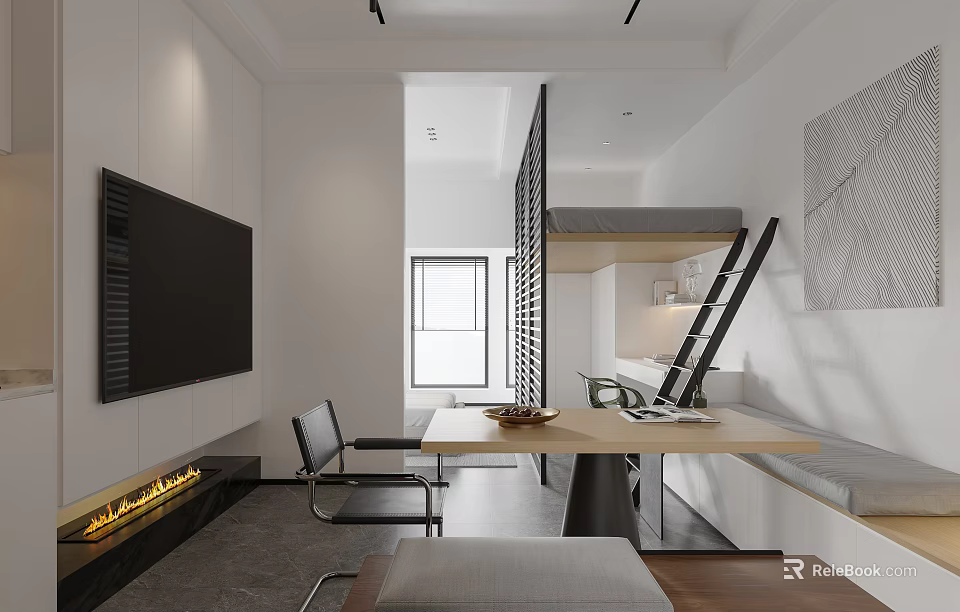 Modern Apartment Interior With Fireplace TV Loft Bed And Dining Area 3d model 
