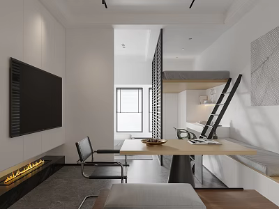 Modern Apartment Interior With Fireplace TV Loft Bed And Dining Area 3d model