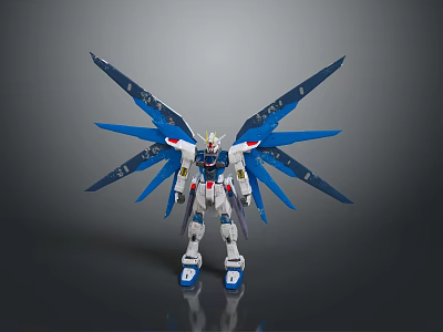 Striking Mecha Robot Character Standing With Blue Wings White Body And Red Accents 3d model