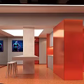 Modern Fitness Reception Desk With Orange Wall Neon Lighting And Computer Setup