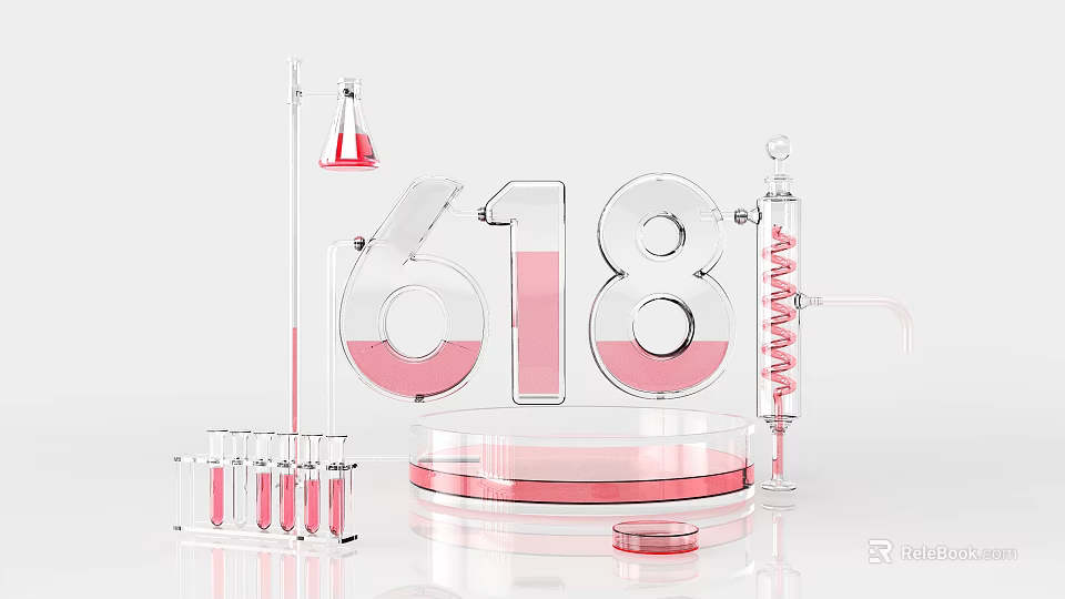 E commerce 618 Shopping Festival Promotion With Glass Lab Equipment And Red Liquid 3d model 