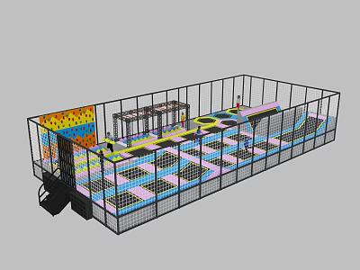 Indoor Trampoline Park Sports Equipment With Colorful Jumping Areas And Safety Netting 3d model