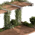 Outdoor Pergola With Climbing Vines And Wooden Deck Surrounded By Green Plants