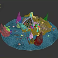 Igloo With Yellow Roof Rocky Peaks Blue Water And Floating Debris