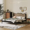 Modern Double Bed With Black Frame Rattan Headboard And Nightstand Table Lamp