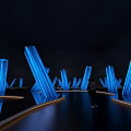 Blue Glowing V Shaped Art Installation In Dark Environment With Reflective Floor And Human Figure