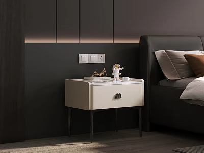 Modern White Bedside Table With Metal Legs And Decorative Items In Bedroom 3d model