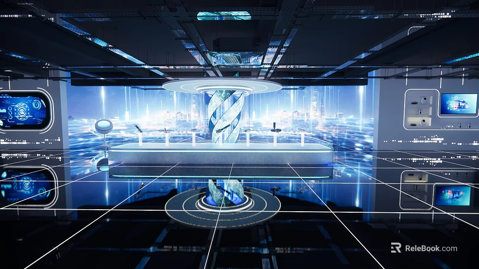 Modern Hi tech Exhibition Hall With LED Screens Futuristic Lighting Circular Platform And Digital Backdrop 3d model 