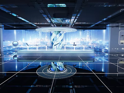 Modern Hi tech Exhibition Hall With LED Screens Futuristic Lighting Circular Platform And Digital Backdrop 3d model