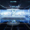 Modern Hi tech Exhibition Hall With LED Screens Futuristic Lighting Circular Platform And Digital Backdrop