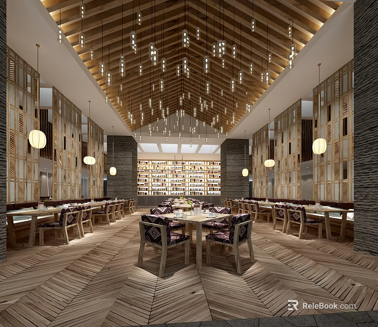 Elegant Banquet Hall Interior Design With Wooden Decor Hanging Chandeliers And Round Dining Tables 3d model 