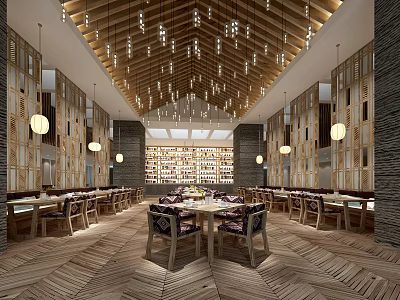 Elegant Banquet Hall Interior Design With Wooden Decor Hanging Chandeliers And Round Dining Tables 3d model