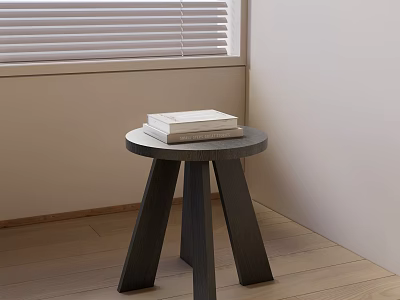Round Three Legged Wooden Stool With Books On Indoor Wooden Floor Near Window 3d model