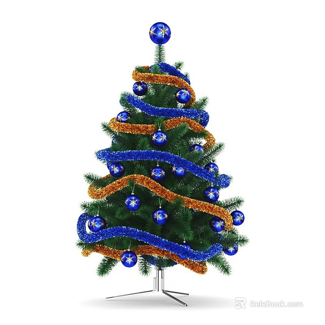 Christmas Tree With Green Branches Blue Ornaments And Orange Tinsel Garlands 3d model 