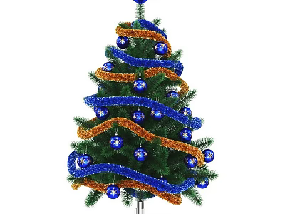 Christmas Tree With Green Branches Blue Ornaments And Orange Tinsel Garlands 3d model