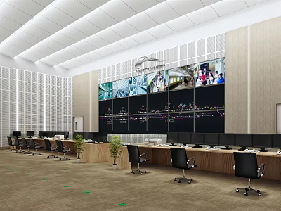 Modern Monitoring Room Interior With Multiple Surveillance Monitors Control Desks Ergonomic Chairs And Ceiling Lighting 3d model