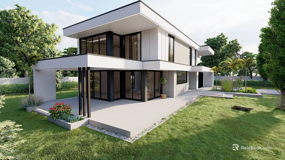 Modern Two Story Detached Villa With Large Windows Open Design Courtyard Lawn And Green Plants 3d model 