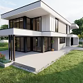 Modern Two Story Detached Villa With Large Windows Open Design Courtyard Lawn And Green Plants