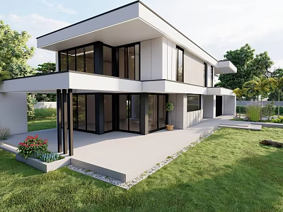 Modern Two Story Detached Villa With Large Windows Open Design Courtyard Lawn And Green Plants 3d model