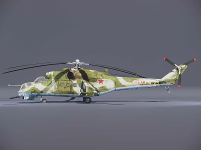 Camouflage Military Helicopter With Main Rotor Tail Rotor And Red Star Design 3d model