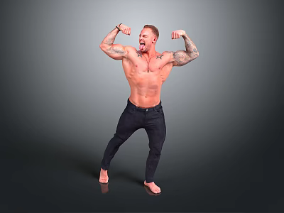 Muscular Shirtless Man Flexing Biceps In Dark Jeans Against Gray Background 3d model