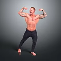Muscular Shirtless Man Flexing Biceps In Dark Jeans Against Gray Background