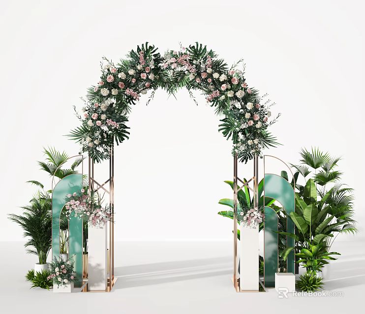 Elegant Floral Wedding Arch With Pink White Flowers Green Leaves And Decorative Plants 3d model 