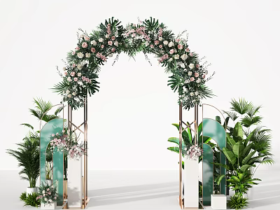 Elegant Floral Wedding Arch With Pink White Flowers Green Leaves And Decorative Plants 3d model