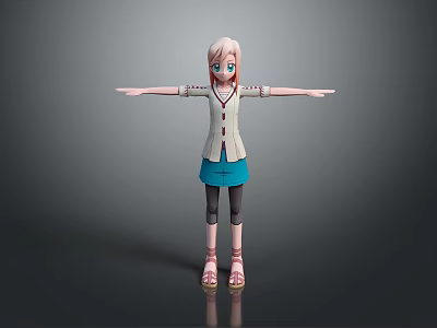 3D Anime Game Character With Pink Hair White Top Blue Skirt And Sandals 3d model