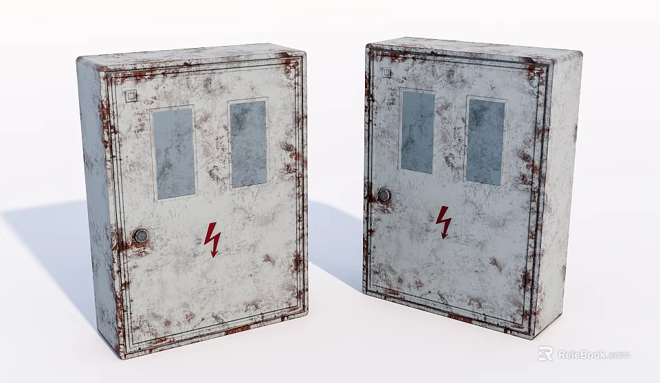 Two Rusted Metal Industrial Electrical Distribution Boxes With Glass Windows And Lightning Symbols On Doors 3d model 