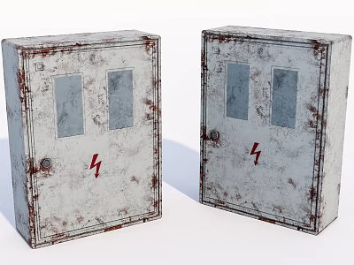 Two Rusted Metal Industrial Electrical Distribution Boxes With Glass Windows And Lightning Symbols On Doors 3d model