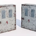 Two Rusted Metal Industrial Electrical Distribution Boxes With Glass Windows And Lightning Symbols On Doors