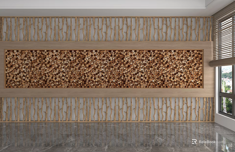 Modern Wooden Background Wall Featuring Lattice Border and Warm Brown Textured Panel 3d model 